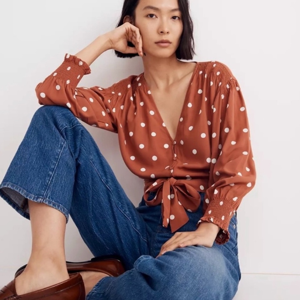 Madewell Rust Polka Dot Tie Front Blouse